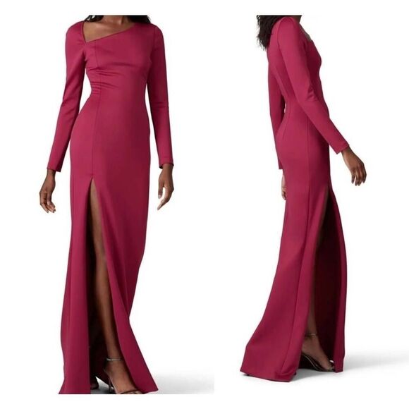 Black Halo Akasha long sleeve leg split Gown in Ruby Red sz  2 - Picture 1 of 5